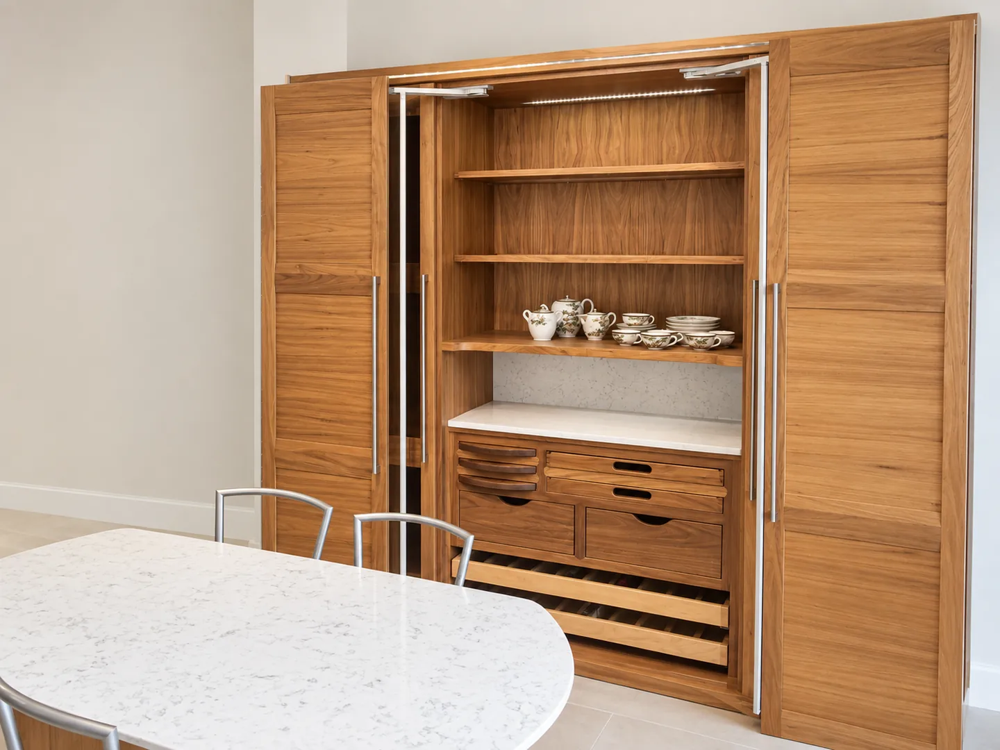 Pale stone table and inset work surface within timber cabinetry